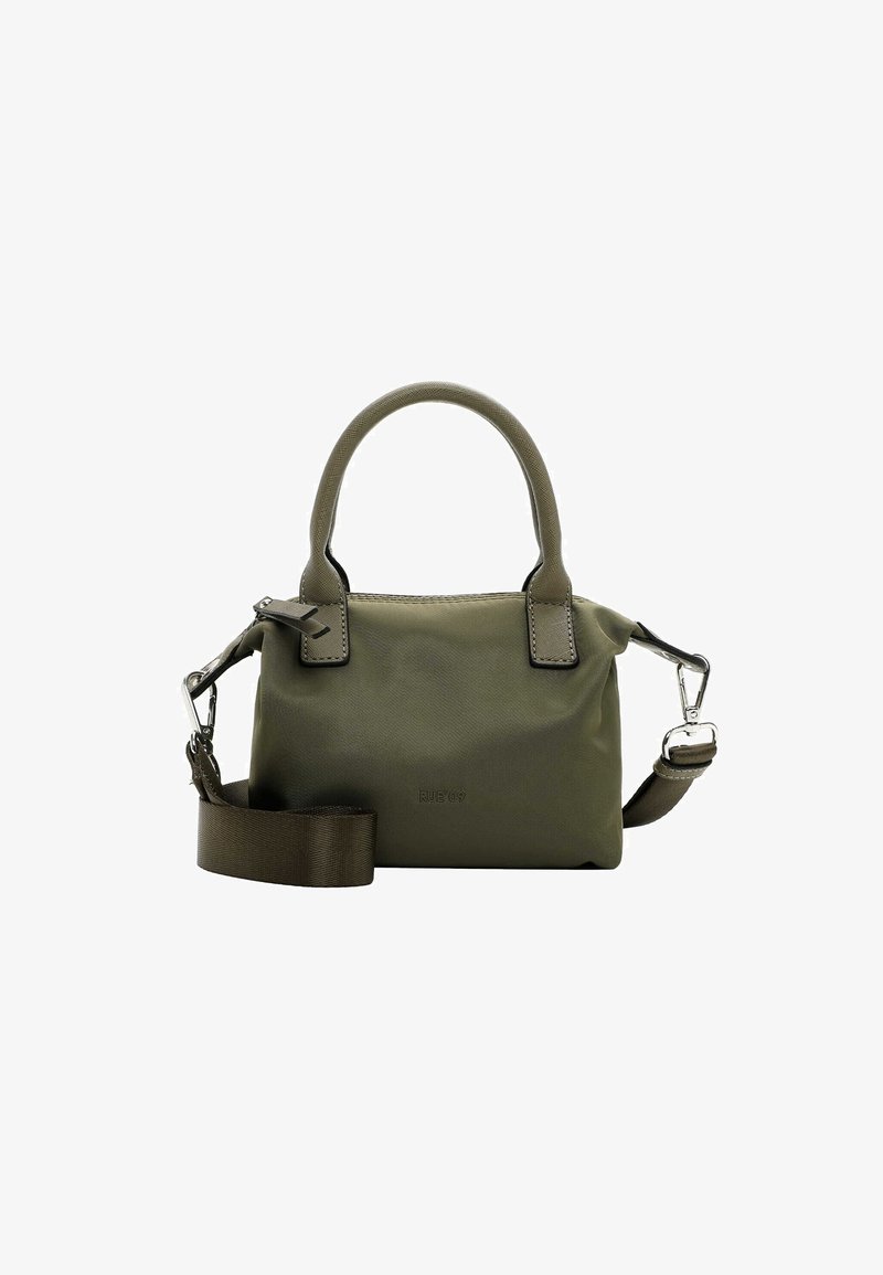Sac à main vert olive en tissu lisse, avec deux poignées supérieures, une bandoulière réglable et des finitions en métal argenté. Forme compacte et carrée.