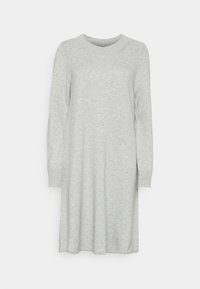 Abito lavorato a maglia grigio chiaro, maniche lunghe, scollatura rotonda, forma leggermente svasata, polsini a coste, texture liscia, dettaglio della cucitura centrale.