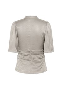 Light gray blouse with short, puffed sleeves and a textured grid pattern. Features a gathered back for a fitted appearance.