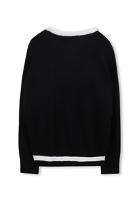 Μαύρος πουλόβερ με λευκό ριμπ γιακά και στρίφωμα. Μακριά μανίκια, μαλακή υφή πλέξης και απλός σχεδιασμός. Χωρίς ορατά λογότυπα ή μοτίβα.