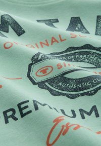 Mintgroene katoenen T-shirt met zwarte en oranje bedrukte graphics, een embleemontwerp en tekstuurlettertype met een vintage-effect.