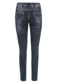Schmale Jeans aus dunkelblauem Denim mit einer verblassten Textur, mit goldenen Nähten und zwei Gesäßtaschen mit schrägen Öffnungen.
