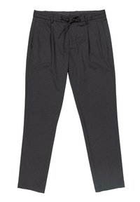 Schwarze Hosen mit einem Kordelzugbund, Falten an der Vorderseite und einem schmal zulaufenden Bein. Hergestellt aus einem weichen, leichten Stoff.