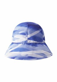 Bucket hat in vibrant blue and white tie-dye pattern, made of lightweight fabric with a wide brim and stitched detailing.