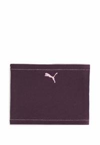 Lila dehnbare Kopfband aus weichem Stoff, mit einem rosa gestickten Puma-Logo auf der Vorderseite und subtilen Stichdetails.