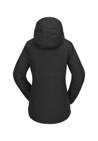 Schwarze Kapuzenjacke mit einer glatten, matten Oberfläche. Sie hat eine taillierte Form und elastische Bündchen, die für Wärme und Wetterbeständigkeit sorgen.