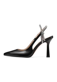 Slingback in pelle nera con tacco alto, caratterizzati da una punta affusolata, design elegante e un nodo decorato con strass argentati sulla cinghia del tacco.