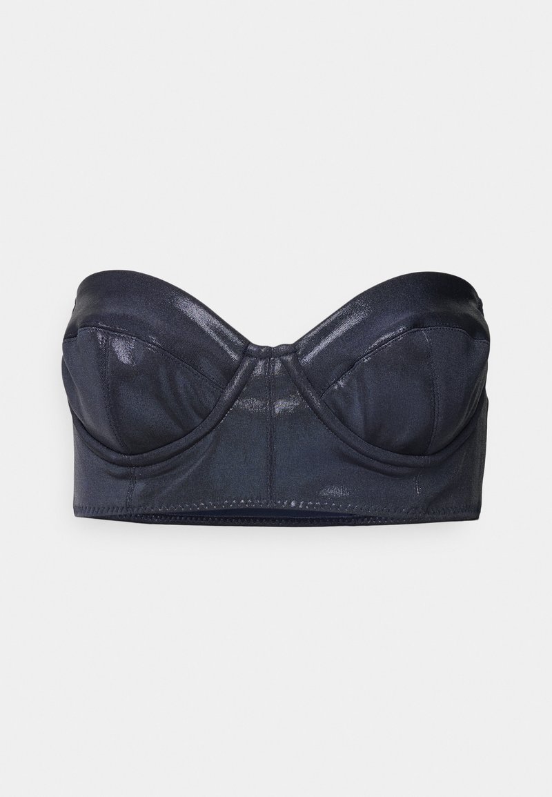 Dark blue bandeau bra made of shiny fabric with a structured design, featuring molded cups and side boning for support.