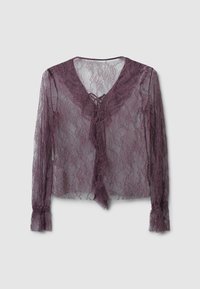 Blusa di pizzo in un profondo viola, con scollatura a V, maniche lunghe e accenti arricciati. Include una chiusura anteriore con fiocco e un motivo testurizzato.