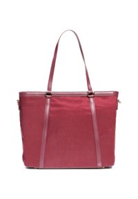 Bordová plátěná taška s hladkým materiálem, prodlouženým tvarem, dvěma dlouhými rukojetěmi a jemnými švy. Obsahuje akcenty v zlatém tónu.