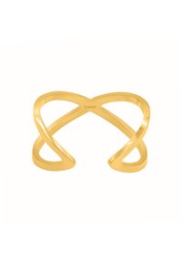 Bracelet en métal doré au design curvilinéaire avec des boucles entrelacées, surface lisse et structure ouverte pour un ajustement de taille.