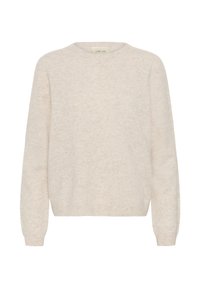 Krém színű pulóver kerek nyakkal, hosszú ujjakkal és puha, texturált anyagból készült. A dizájn egyszerű, laza fazonú, bordás mandzsettákkal.