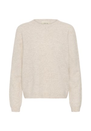 Cremefarbener Pullover mit rundem Ausschnitt, langen Ärmeln und weichem, strukturiertem Stoff. Das Design ist einfach gehalten, mit einer lockeren Passform und gerippten Bündchen.
