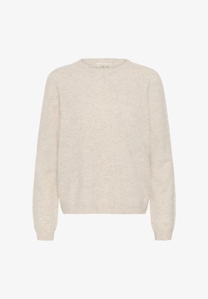 Krem pulover z okroglim izrezom, dolgimi rokavi in mehkimi, teksturiranimi materiali. Oblikovanje je preprosto z udobnim fitom in rebrastimi manšetami.