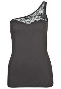 Haut asymétrique noir sans manches avec détail en dentelle florale sur le haut de la poitrine et l'épaule.