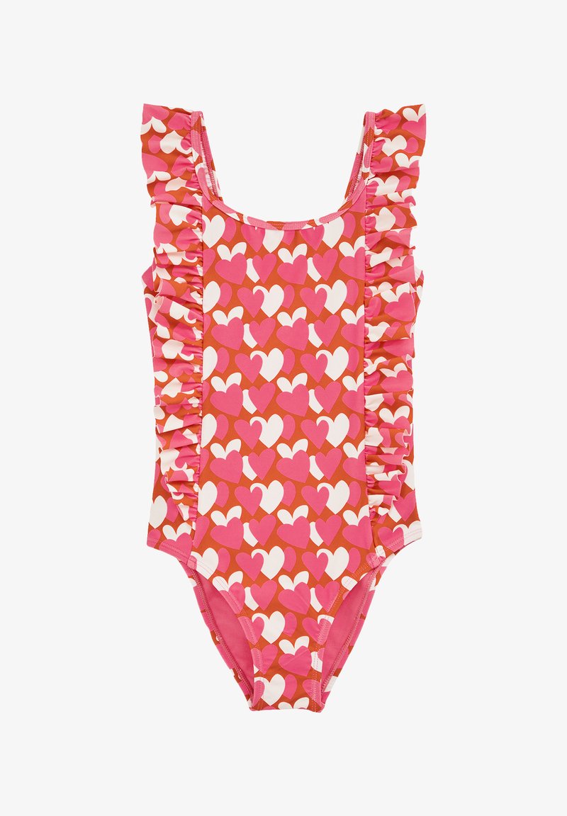 Ružový jednodielny plavky s volánovými ramienkami a farebným vzorom srdca v odtieňoch ružovej a bielej na výraznom pozadí.