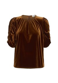 Bruine fluwelen blouse met een ronde halslijn,Gathered korte mouwen en een subtiele glans. Voorzien van een rits aan de achterzijde.
