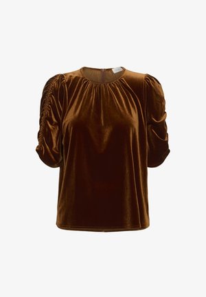 Blouse en velours marron avec un col rond, des manches courtes froncées et un léger brillant. Présente une fermeture éclair à l'arrière.
