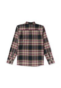 Geruite shirt in donkere kleuren met rode, gele en groene strepen. Beschikt over lange mouwen, een kraag en geknopfde manchetten.