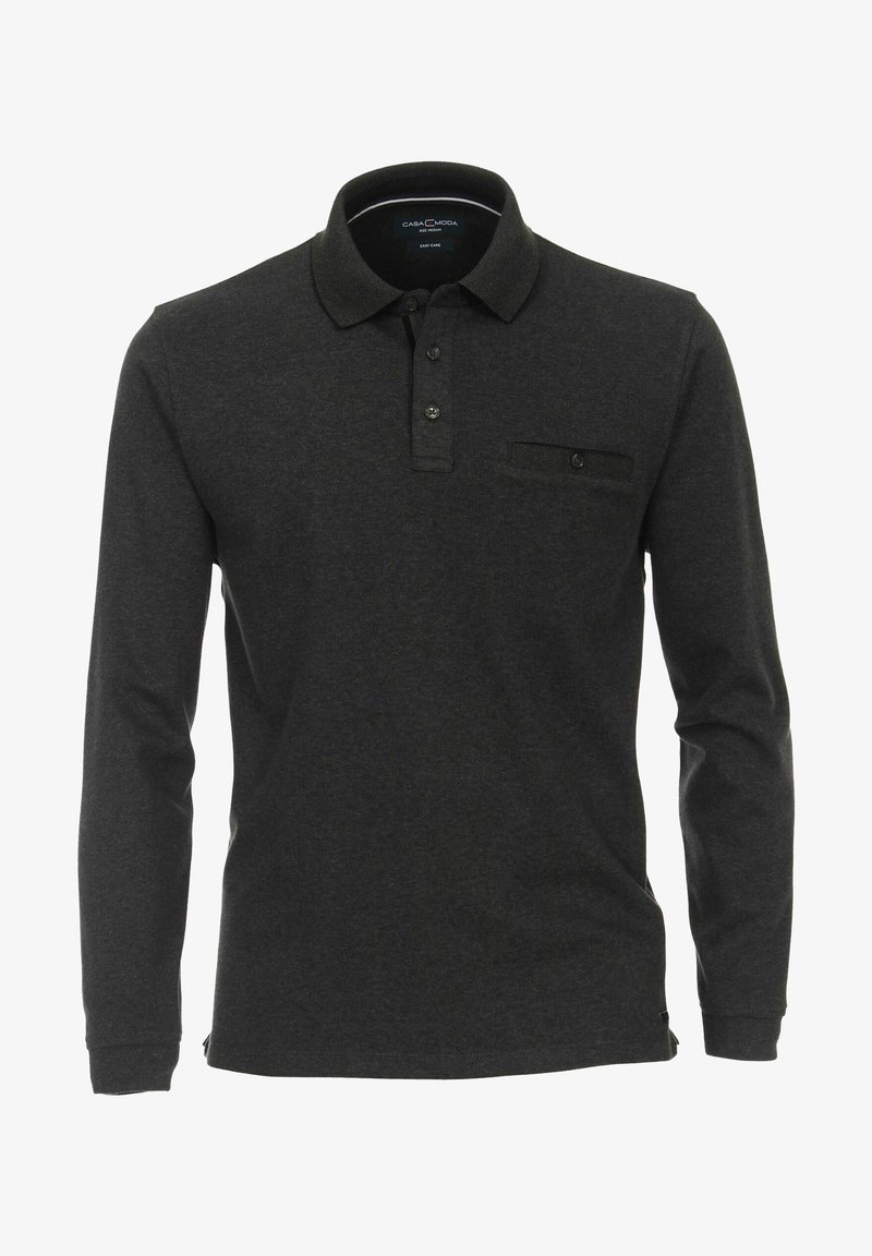 Langärmliges Polo-Shirt in Dunkelgrau, mit einem Knopfkragen, einer Brusttasche und einem strapazierfähigen Gewebe für einfache Pflege.