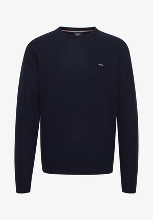 Tamnoblena pulover s kratkimi rokavi v mehkobi pletenine. Ima majhen večbarven logotip na prsih. Klasičen kroj z dolgimi rokavi.