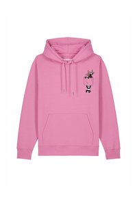 Roze katoenen hoodie met een voorzak, een trekkoordcapuchon en een grafisch ontwerp van panda's in een zak op de borst. Zachte textuur, casual ontwerp.