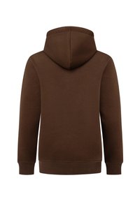 Brązowa bluza z kapturem o miękkiej fakturze, z kapturem ze sznurkiem, prążkowanymi mankietami i prostym dołem. Widok z tyłu, brak dodatkowych widocznych szczegółów.