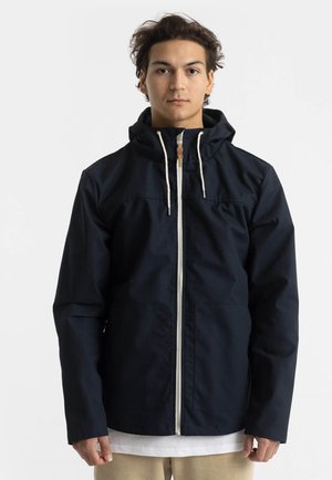 Navy hooded jacket made of durable fabric, featuring a front zipper, two front pockets, and contrasting drawstrings.