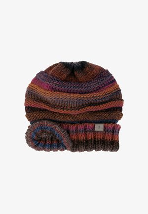 Knitted beanie in brown, purple, and rust with a folded brim. Features a textured pattern and a small logo tag on the side.