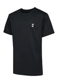 T-shirt noir à manches courtes en tissu lisse, avec un col rond et un logo en chevron blanc sur la poitrine gauche.