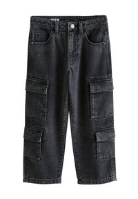 Black denim cargo shorts with a wide fit, featuring four front pockets and a knee-length cut. Sturdy stitching and a classic button closure.