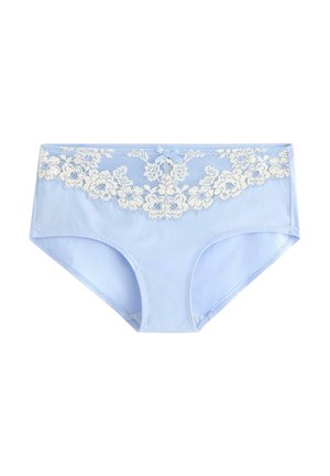 Valkoisen pitsireunan koristeella varustetut vaaleansiniset puuvillabikinit, joissa on kukkakuoseja ja pieni nauha keskellä edessä.