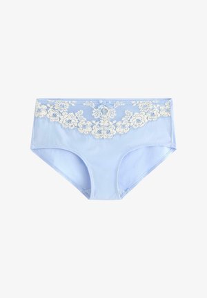 Valkoisen pitsireunan koristeella varustetut vaaleansiniset puuvillabikinit, joissa on kukkakuoseja ja pieni nauha keskellä edessä.