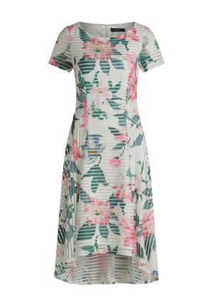 Short-sleeve white dress with pink floral print and green leaves, featuring textured horizontal stripes and a high-low hemline.