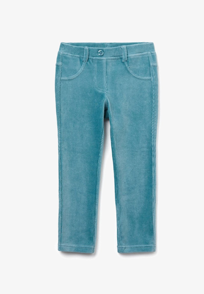 Pantaloni in corduroy color teal con vestibilità slim, dotati di tasche anteriori, chiusura con bottone frontale e tessuto testurizzato.
