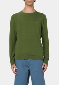 Maglione verde a maniche lunghe con scollatura rotonda, polsini e orlo a coste, con un accento blu sul colletto e un piccolo logo sul petto.