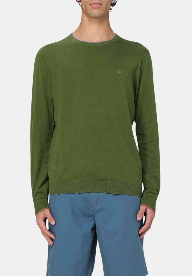 Maglione verde a maniche lunghe con scollatura rotonda, polsini e orlo a coste, con un accento blu sul colletto e un piccolo logo sul petto.