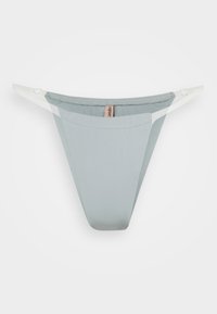 Light blue thong underwear with a smooth texture, featuring a sheer mesh waistband and minimal coverage design.