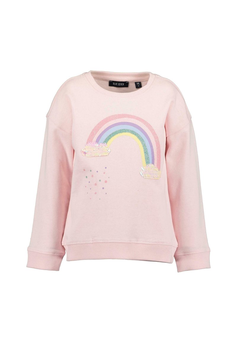 Felpa rosa chiaro con un design arcobaleno testurizzato, caratterizzata da nuvole e paillettes colorate. Polsini e orlo a coste. Vestibilità casual.