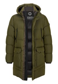 Olivgrüne Puffjacke mit gestepptem Muster, verstellbare Kapuze, Fronttaschen und Reißverschluss. Glatte Oberfläche mit schwarzem Innenfutter.