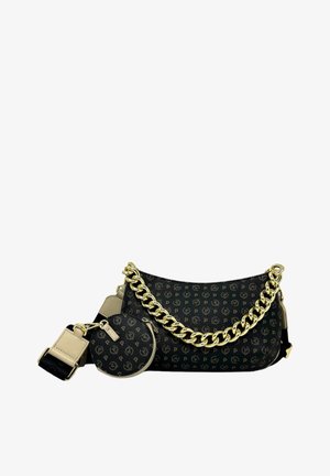 Borsa a spalla nera con dettagli in catena dorata, caratterizzata da un motivo monogramma. Comprende una pochette rotonda per le monete staccabile e una tracolla texture.