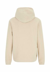 Beige hoodie met een zachte, gestructureerde afwerking. Heeft een ruime capuchon en lange mouwen, gezoomd bij de polsen. Geen zichtbare logo's of patronen.