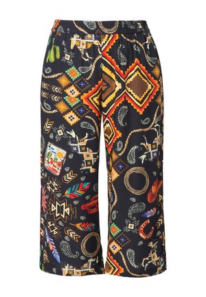 Mustat lyhyet housut, joissa on värikäs, kuvioitu muotoilu, jossa on geometrisia ja luonnonaiheisia motiiveja. Mukavuutta varten joustava vyötärö.