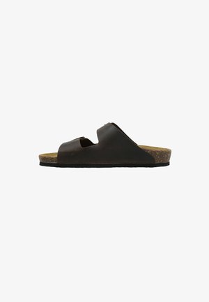 Sandalo a ciabatta in pelle marrone con due ampie fasce e soletta in sughero, mostrato di profilo su sfondo bianco.