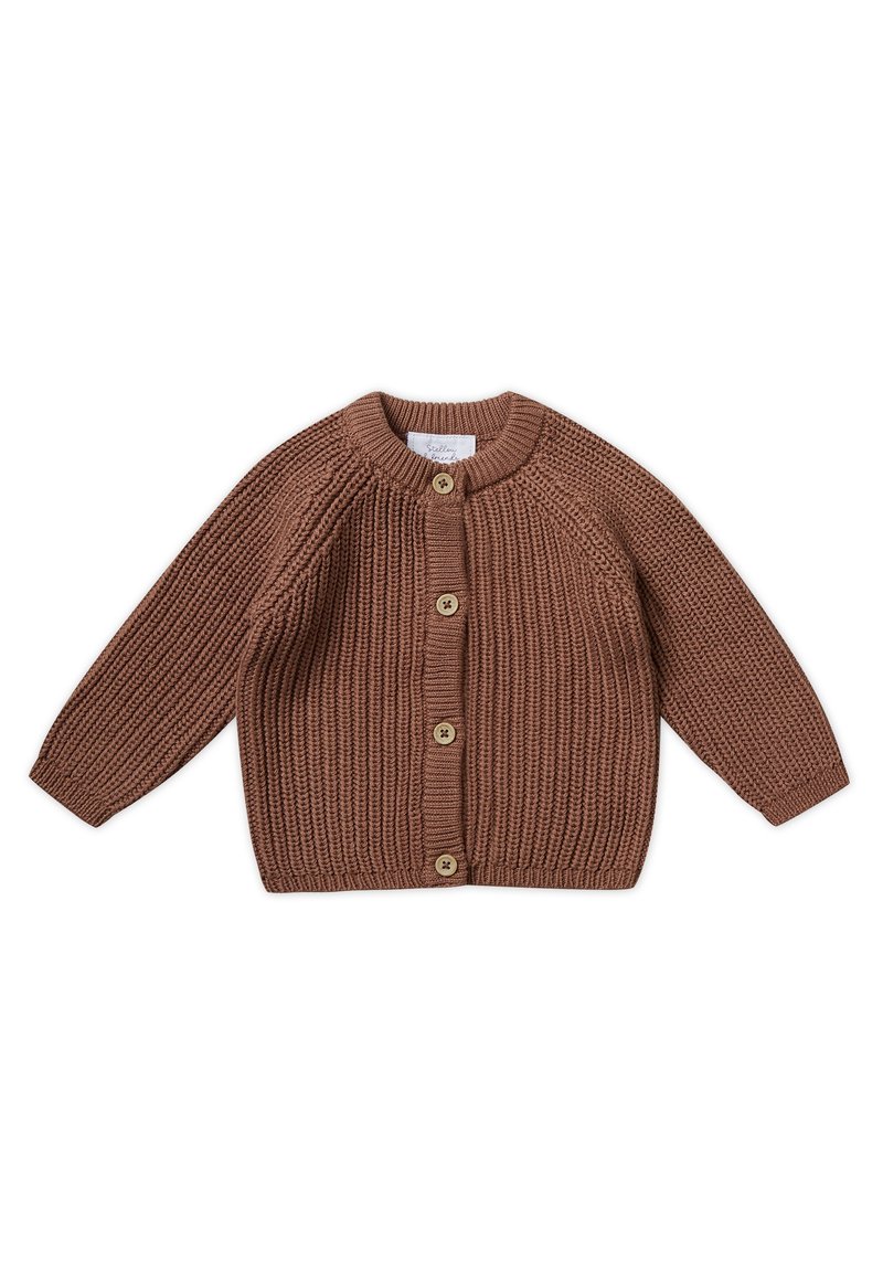 Cardigan lavorato a maglia marrone con colletto tondo, texture a coste e chiusure con bottoni di legno lungo la parte frontale. Maniche lunghe con vestibilità rilassata.