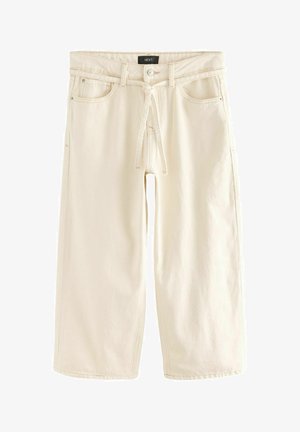 Pantalons cropped beiges en mélange de coton. Dotés d'une fermeture à bouton et à cordon, de deux poches avant et de détails cousus le long des coutures.