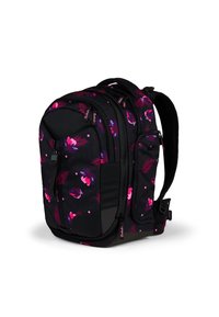 Black backpack featuring a floral pattern in pink and purple. Multiple compartments with zippers and padded shoulder straps for comfort.