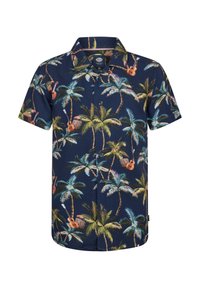 Cămașă tropicală cu mânecă scurtă din material bleumarin, cu un model de palmieri, ce include chitare și cutii din lemn. Design cu butoni și guler.