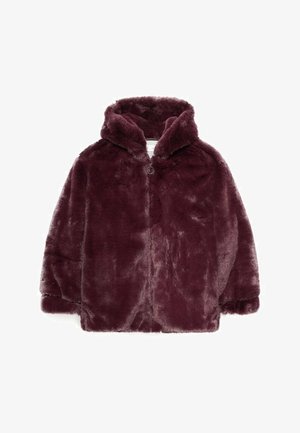 Burgundy faux fur jacket with a hood, zip closure, and long sleeves. Soft texture and relaxed fit, designed for warmth and comfort.