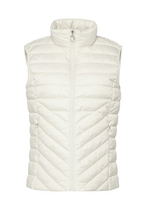 Weißer Steppwesten mit hohem Kragen, Reißverschluss vorne und Zickzack-Steppmuster. Mit seitlichen Taschen und subtilen Metallakzenten.